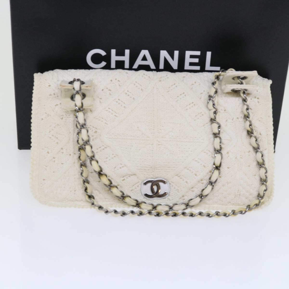 CHANEL Braid Flap Chain Shoulder Bag Cotton White CC Auth bs8243