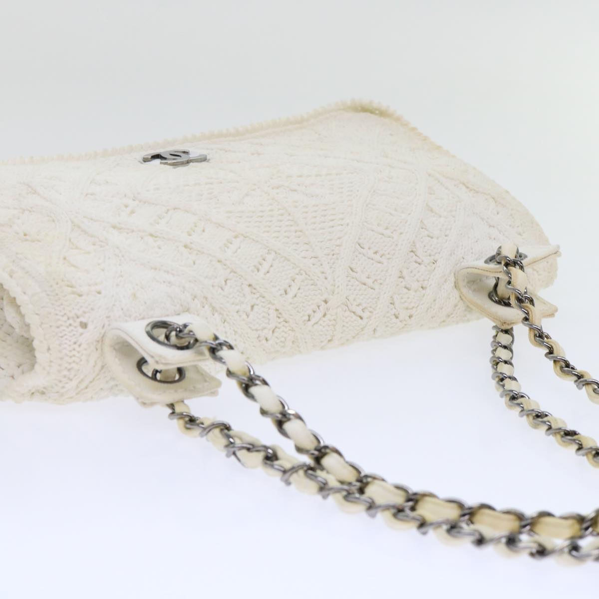 CHANEL Braid Flap Chain Shoulder Bag Cotton White CC Auth bs8243