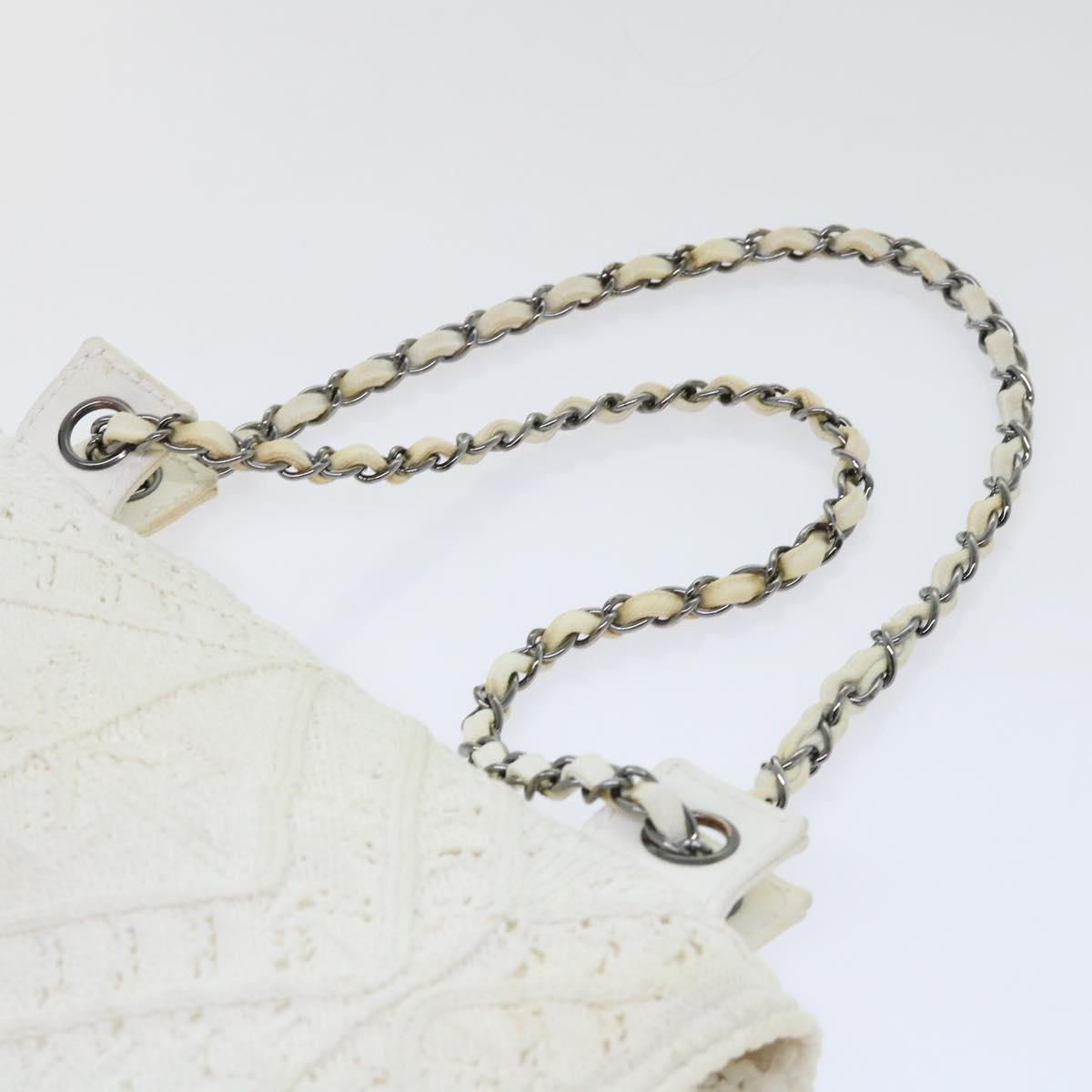 CHANEL Braid Flap Chain Shoulder Bag Cotton White CC Auth bs8243