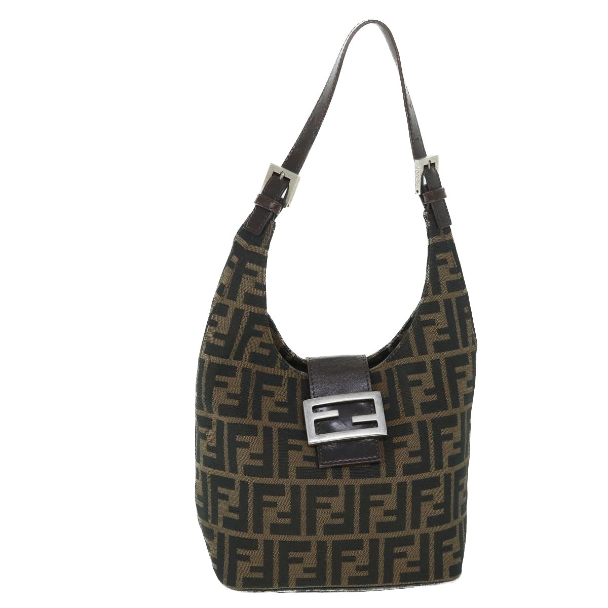 FENDI Zucca Canvas Mamma Baguette Shoulder Bag Black Brown Auth bs8308