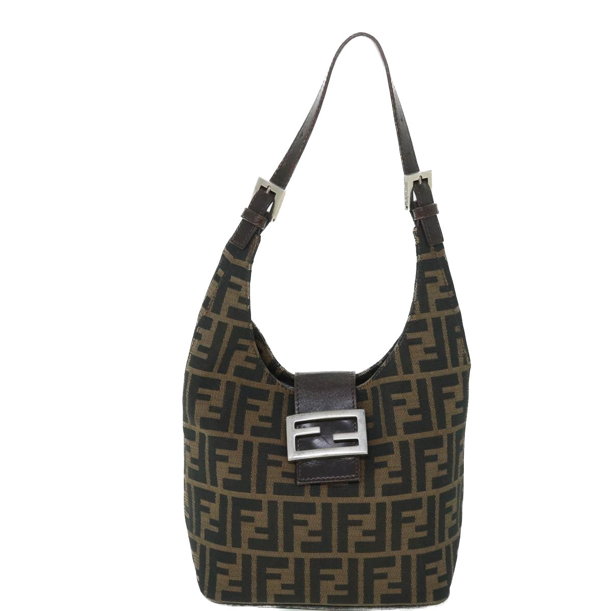 FENDI Zucca Canvas Mamma Baguette Shoulder Bag Black Brown Auth bs8308