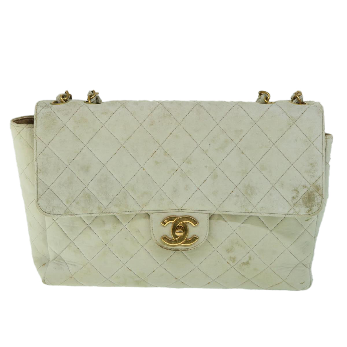 CHANEL Matelasse Chain Shoulder Bag Leather White CC Auth bs8333