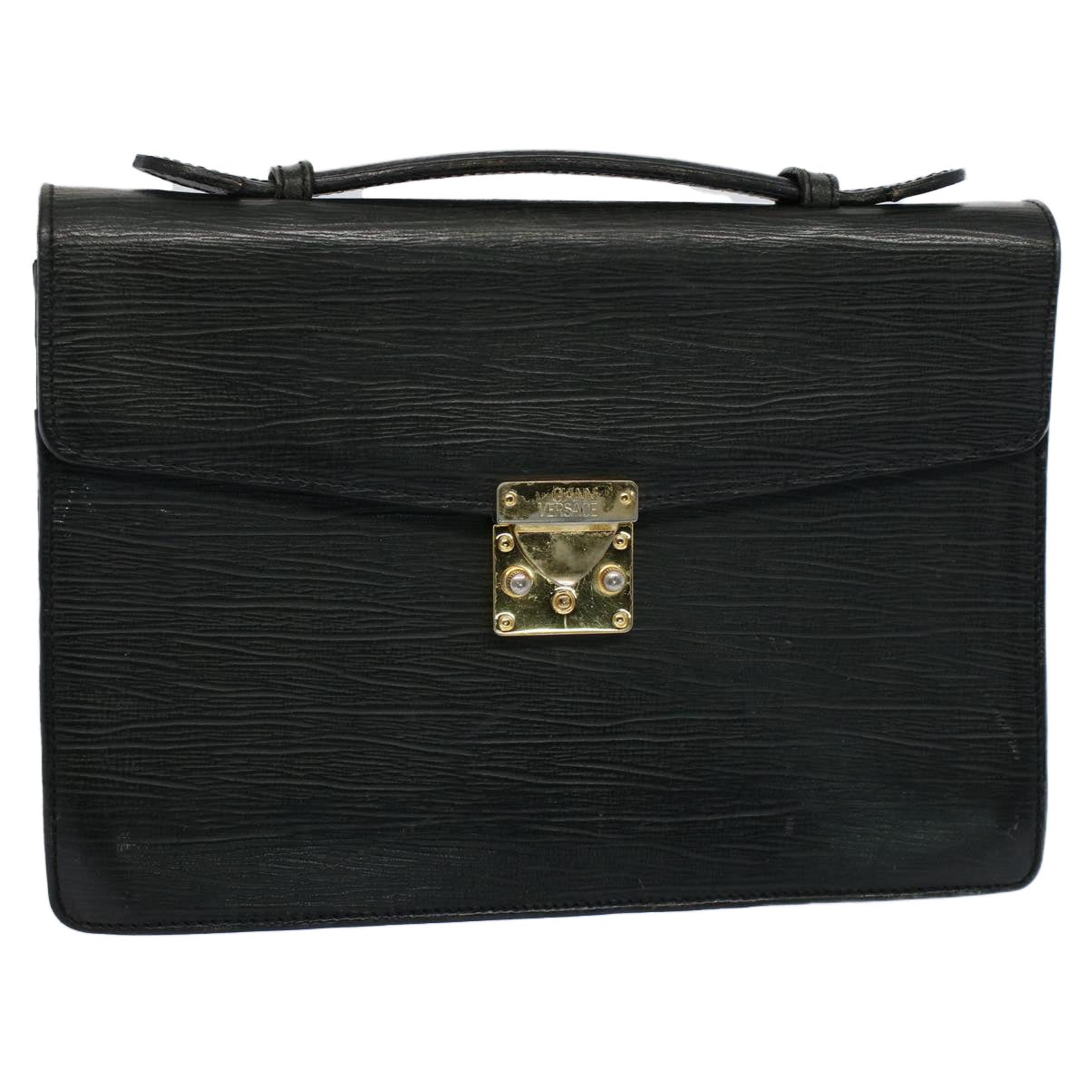 Gianni Versace Business Bag Leather Black Auth bs8408