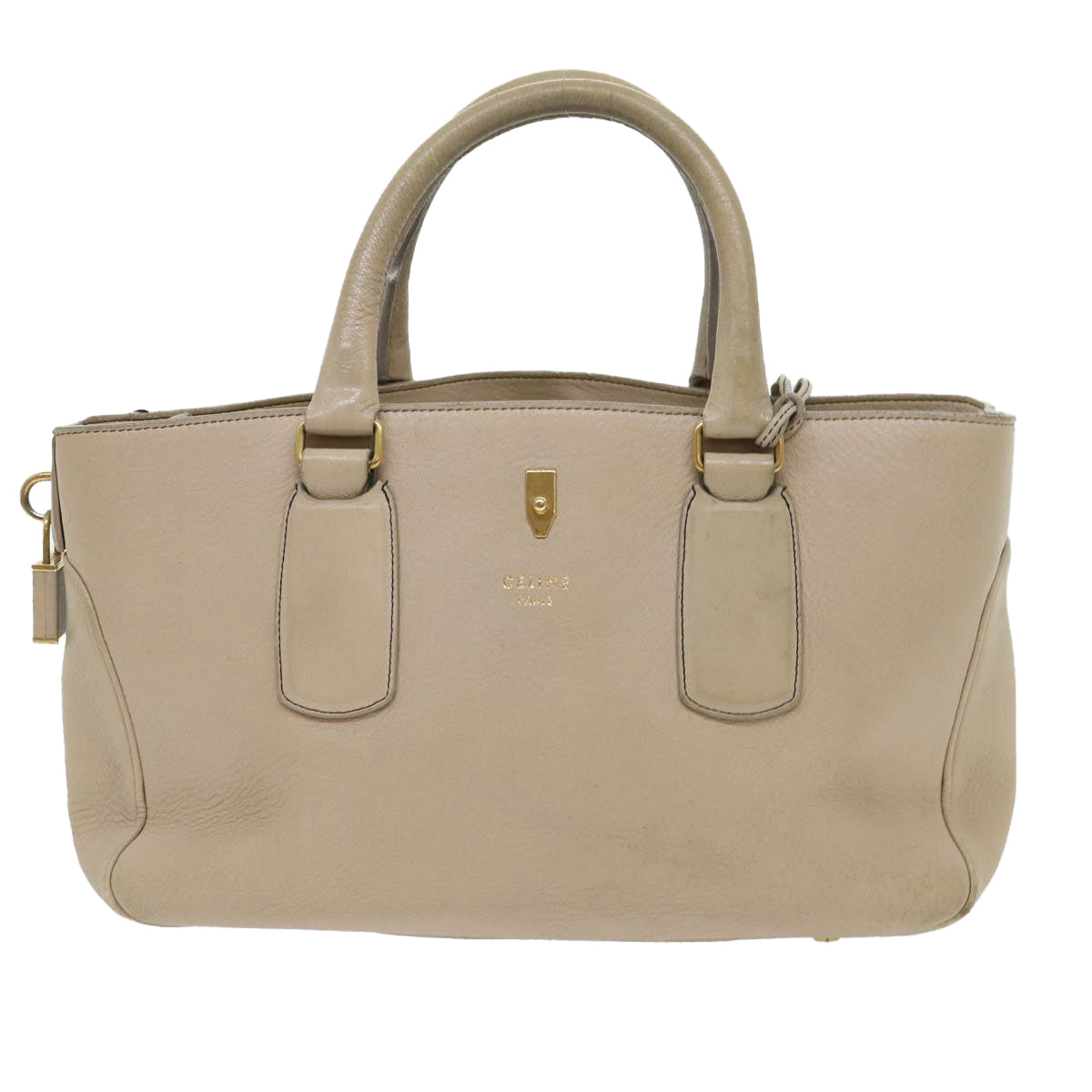 CELINE Hand Bag Leather Beige Auth bs8421