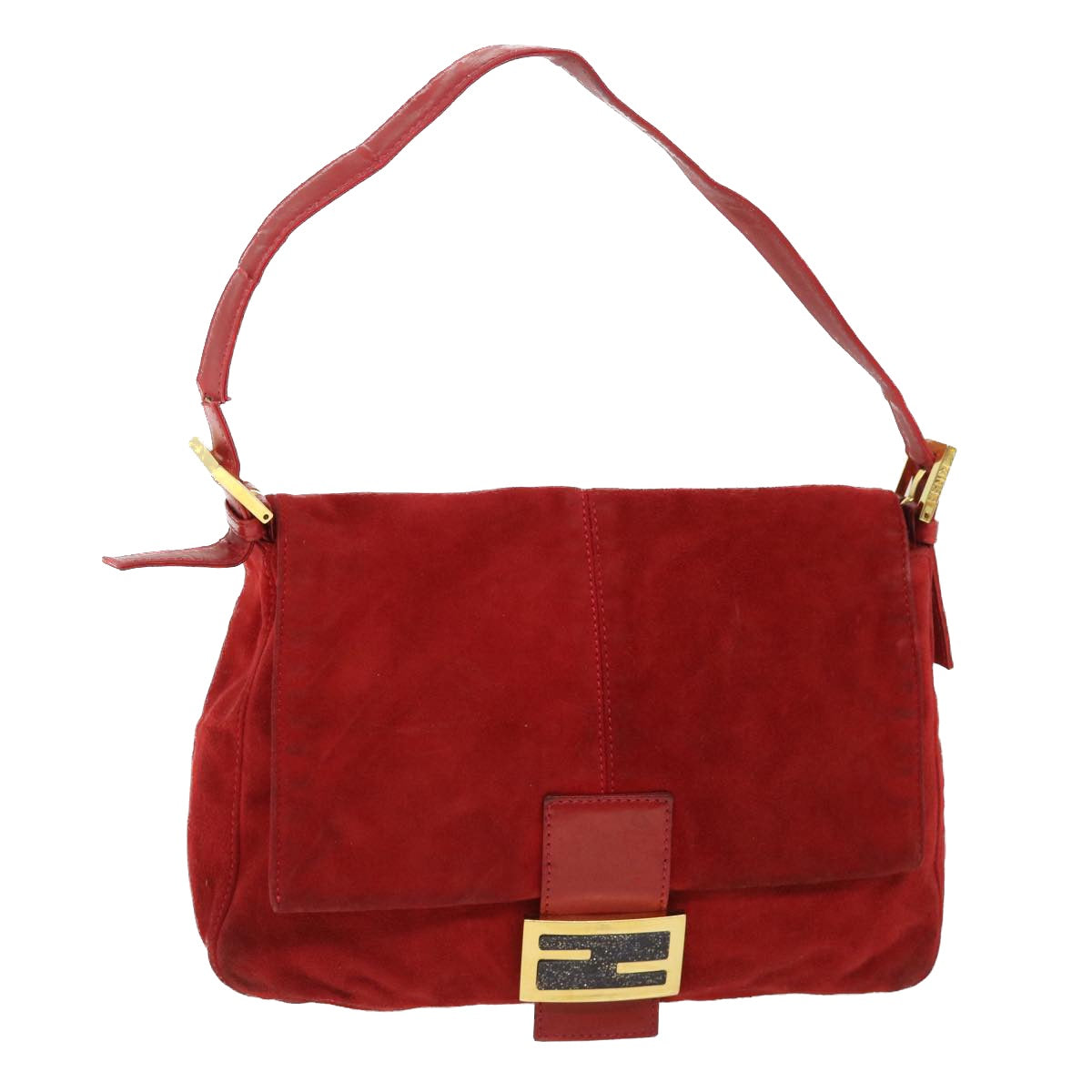 FENDI Mamma Baguette Shoulder Bag Suede Red Auth bs8443