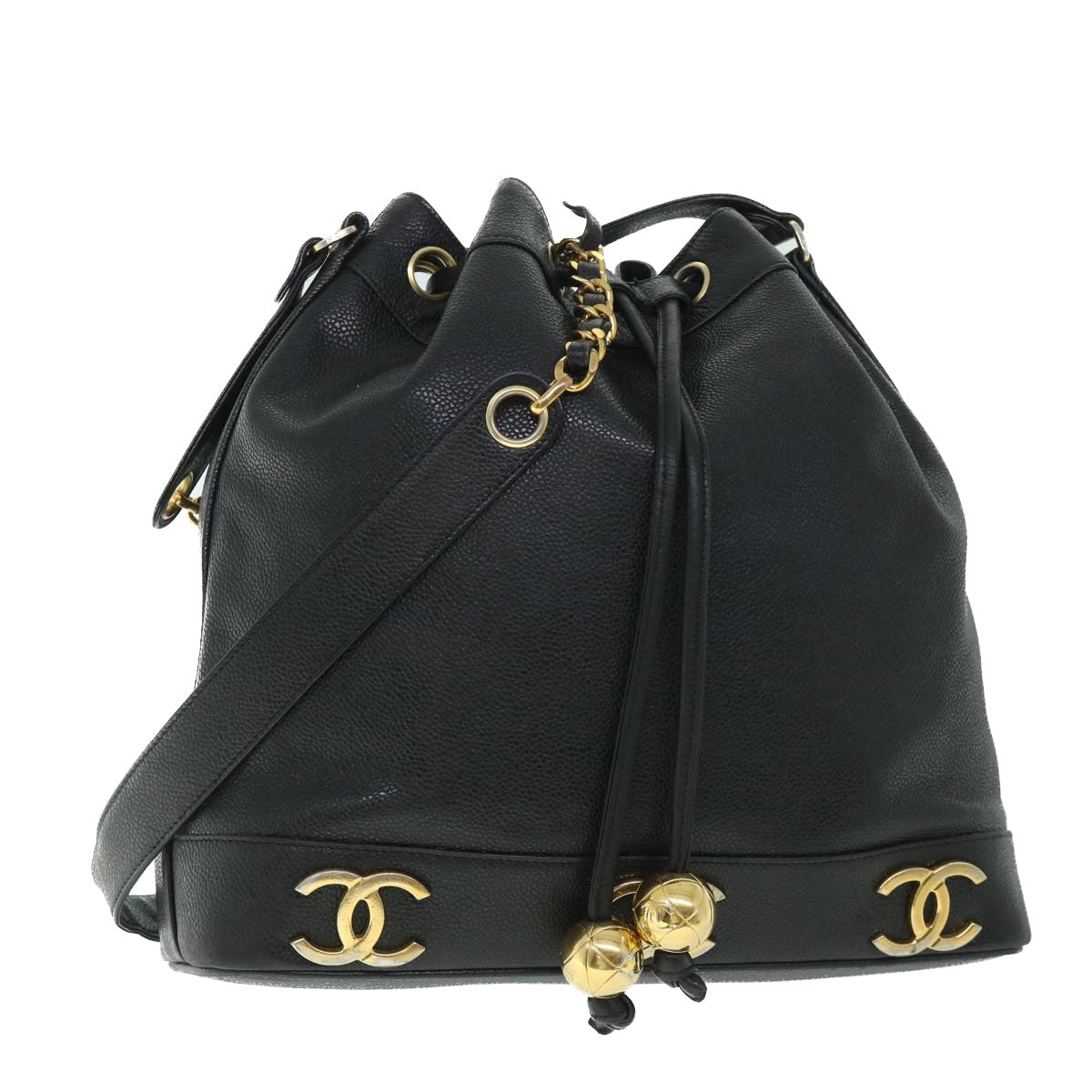 CHANEL Chain Shoulder Bag Caviar Skin Black CC Auth bs8495