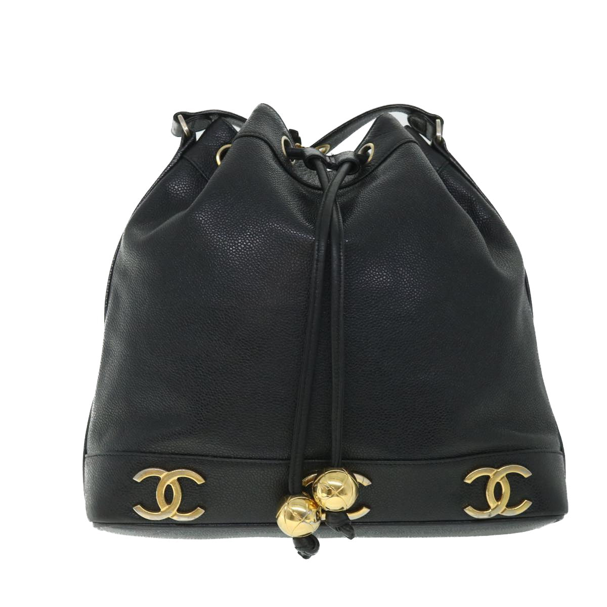 CHANEL Chain Shoulder Bag Caviar Skin Black CC Auth bs8495