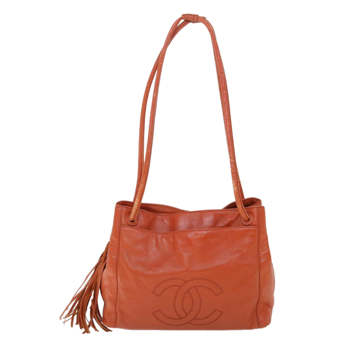 CHANEL Shoulder Bag Lamb Skin Orange CC Auth bs8496