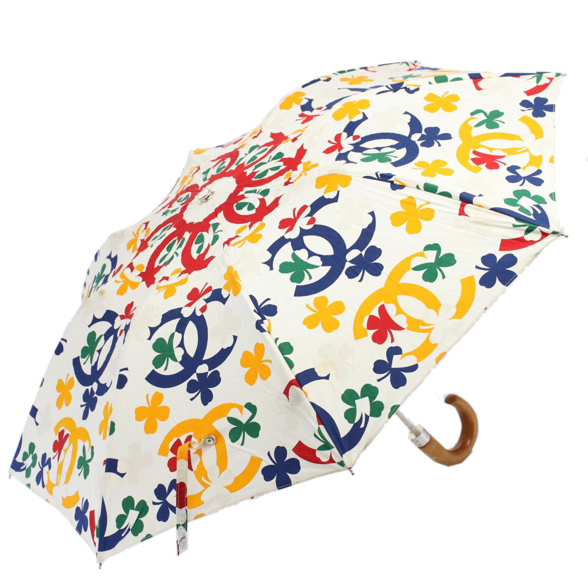 CHANEL Foldable Semi-Automatic Parasol Umbrella Cotton Wood White CC Auth bs8499
