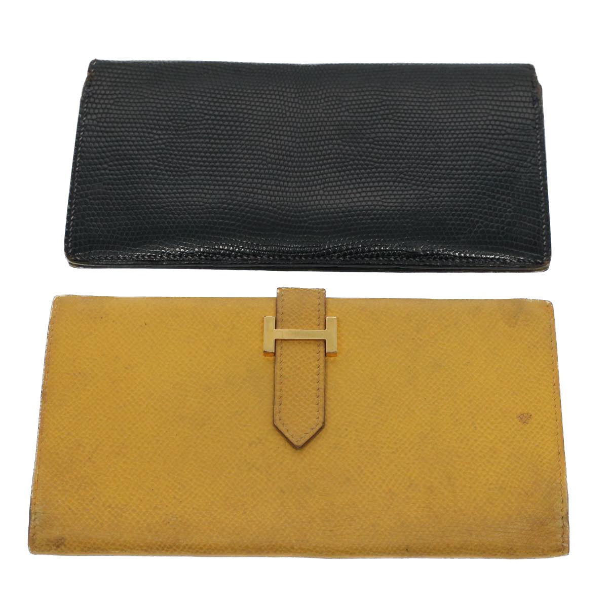 HERMES Wallet Leather 2Set Black Yellow Auth bs8519