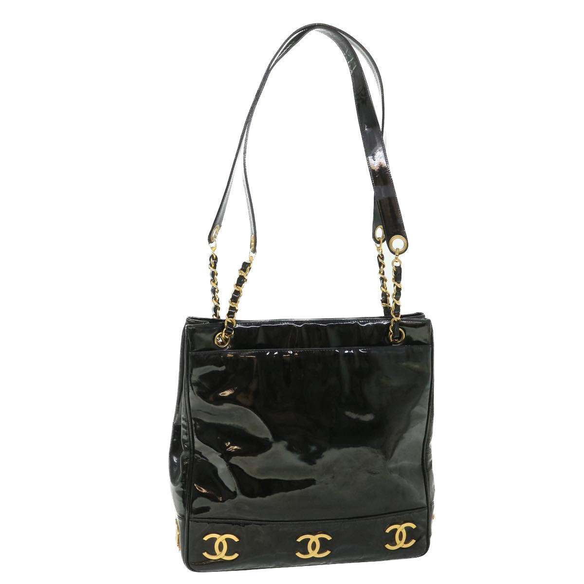 CHANEL Chain Shoulder Bag Patent leather Black CC Auth bs8549