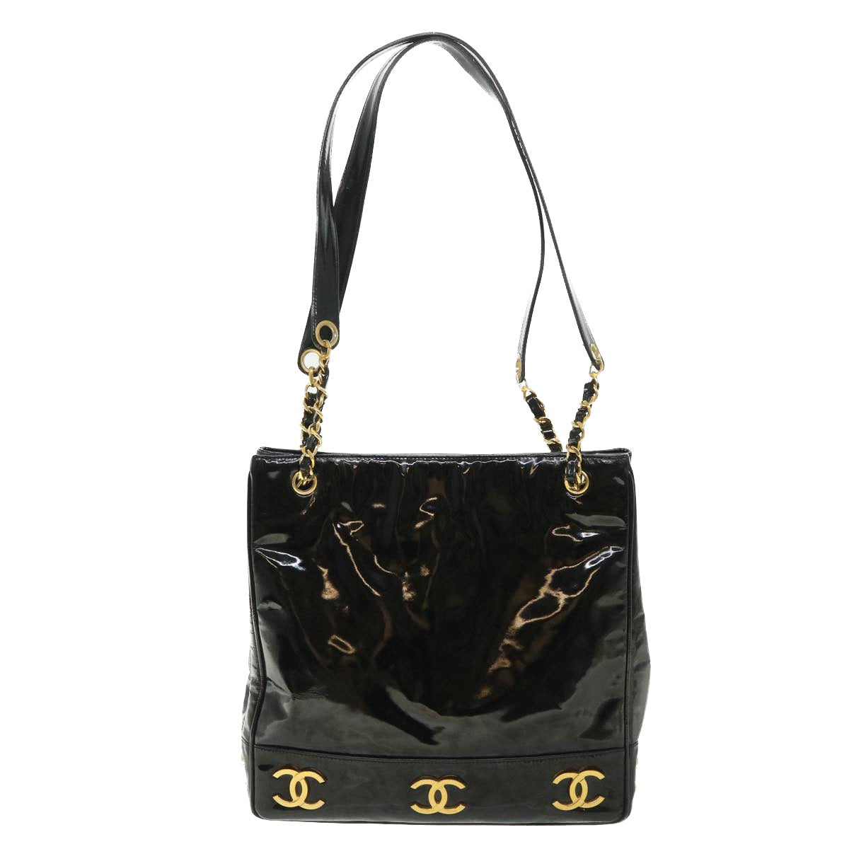 CHANEL Chain Shoulder Bag Patent leather Black CC Auth bs8549