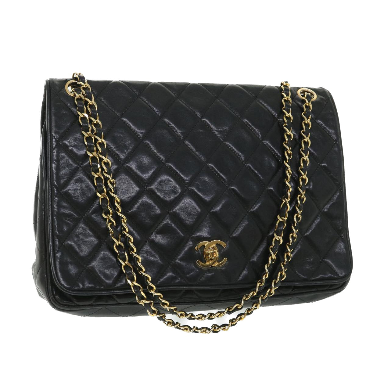 CHANEL Matelasse Chain Shoulder Bag Lamb Skin Black CC Auth bs8553