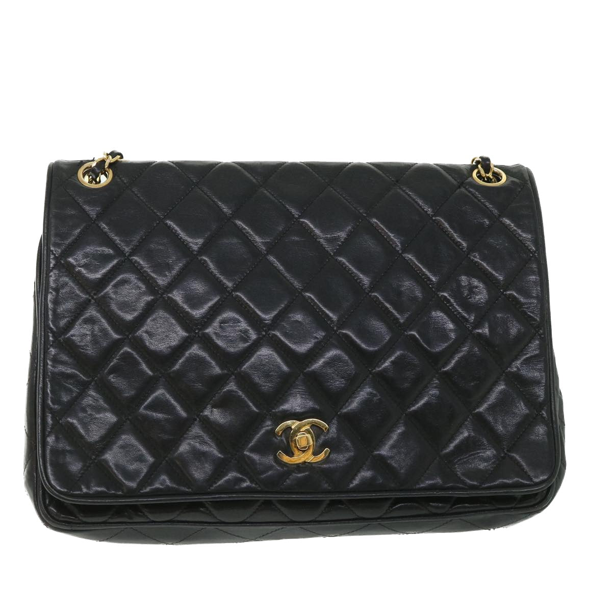 CHANEL Matelasse Chain Shoulder Bag Lamb Skin Black CC Auth bs8553