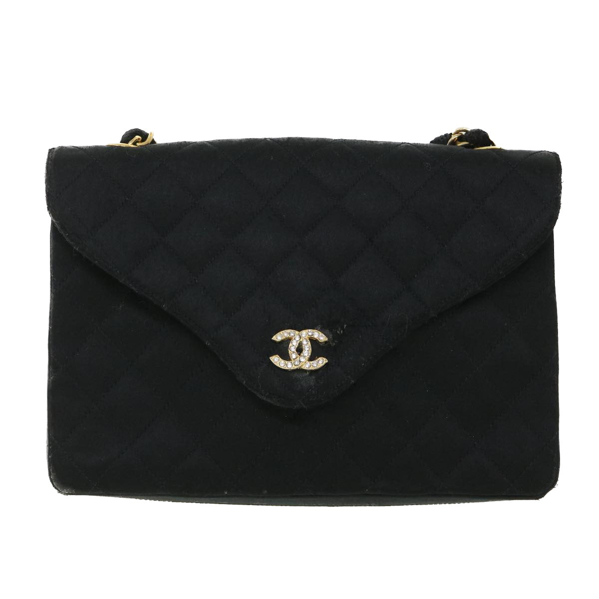 CHANEL Matelasse Chain Shoulder Bag Satin Black CC Auth bs8554