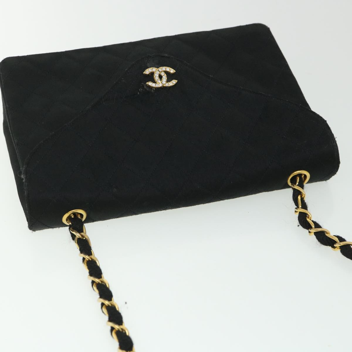 CHANEL Matelasse Chain Shoulder Bag Satin Black CC Auth bs8554