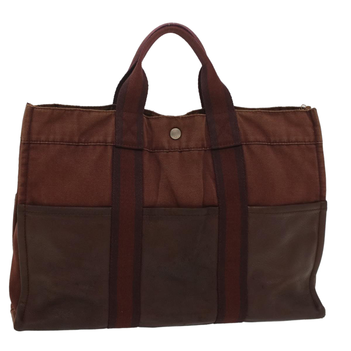 HERMES Fourre Tout MM Tote Bag Canvas Leather Wine Red Auth bs8595