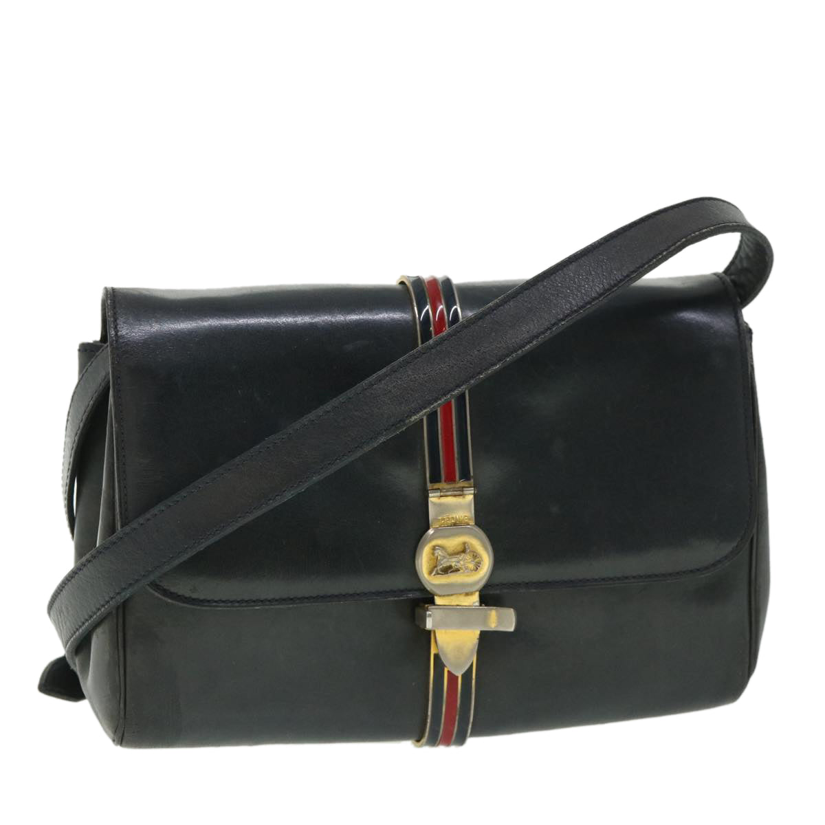 CELINE Horse Carriage Shoulder Bag Leather Navy Auth bs8618