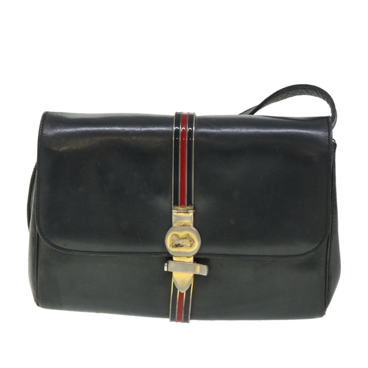 CELINE Horse Carriage Shoulder Bag Leather Navy Auth bs8618