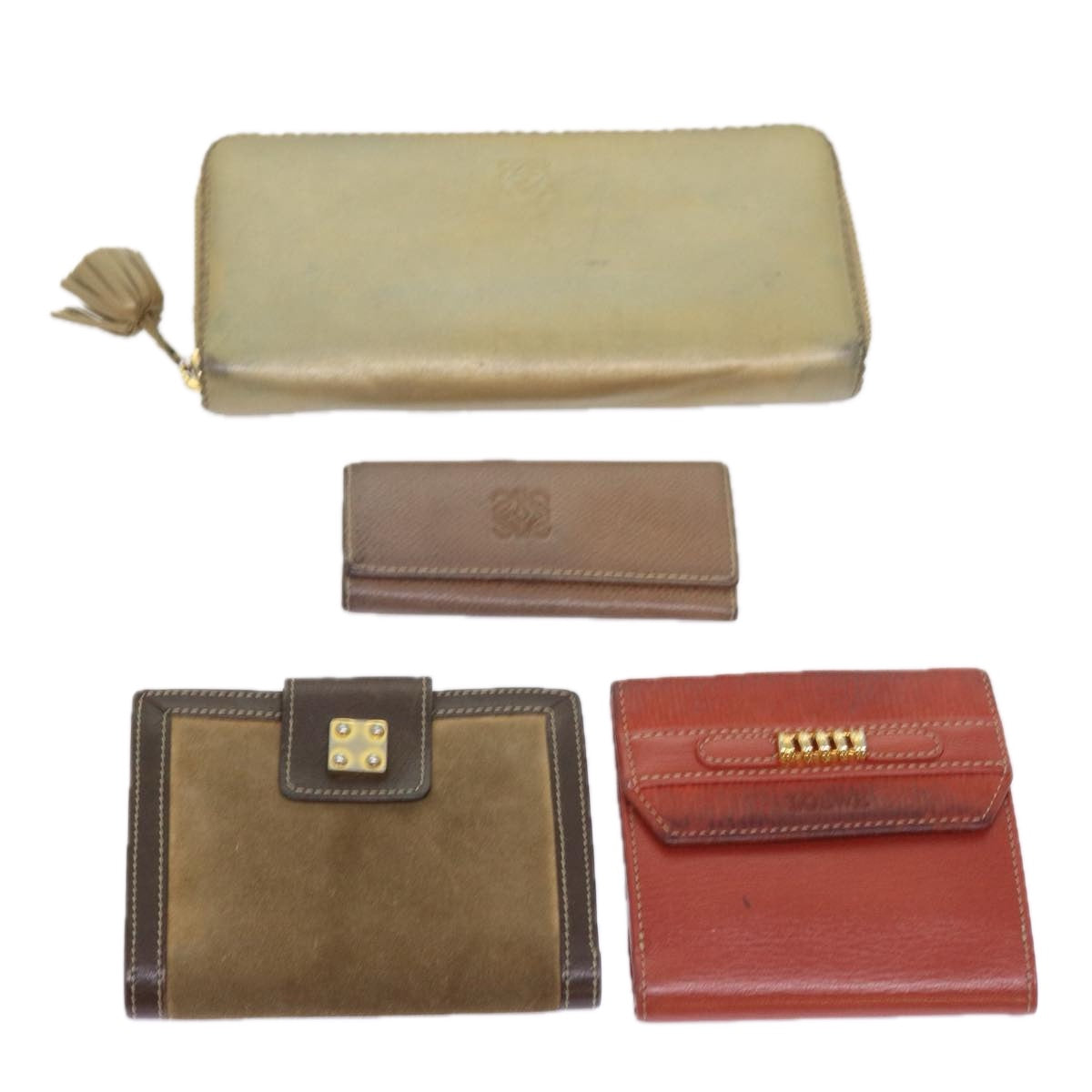 LOEWE Wallet Leather 4Set Red Beige gray Auth bs8673