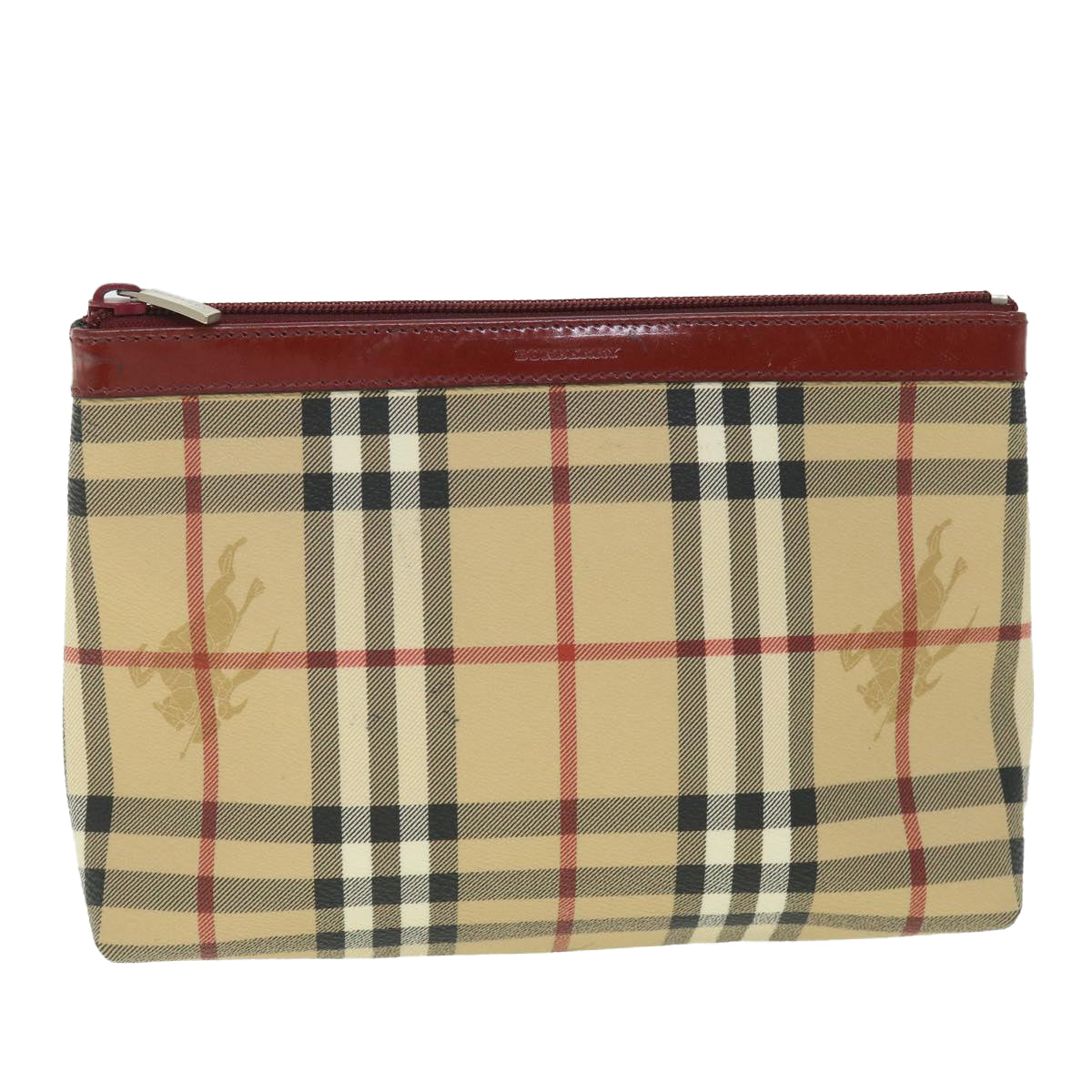 BURBERRY Nova Check Pouch PVC Leather Beige Auth bs8691