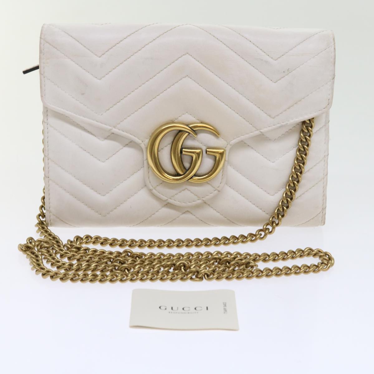 GUCCI Chain Shoulder Bag Leather White 474575 2149 Auth bs8823