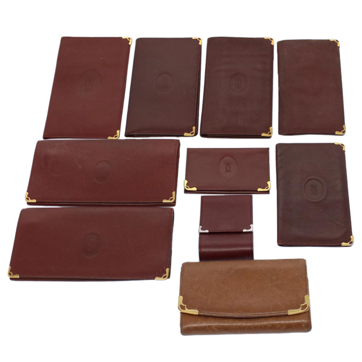 CARTIER Wallet Leather 10set Wine Red Brown Auth bs8878
