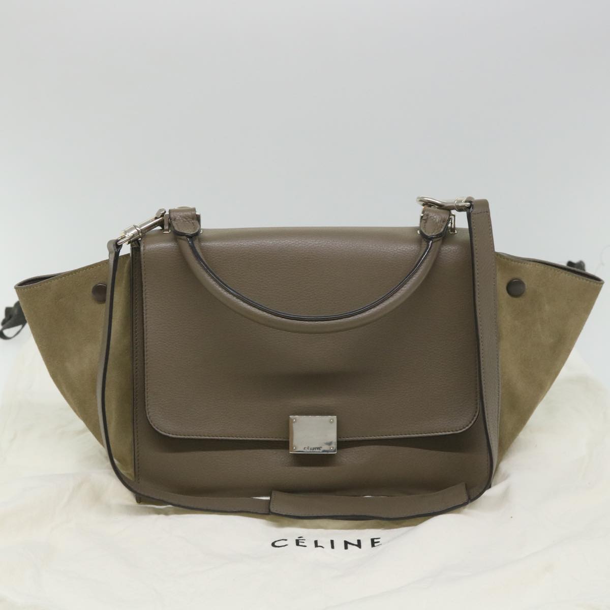 CELINE Trapeze Hand Bag Leather 2way Brown Gray Auth bs8887