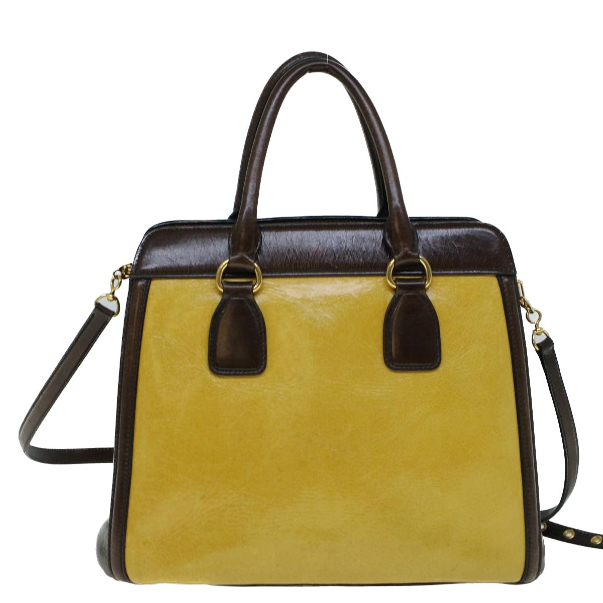 Miu Miu Shoulder Bag Vitello Shine Leather 2way Yellow Brown Auth bs8888 - 0
