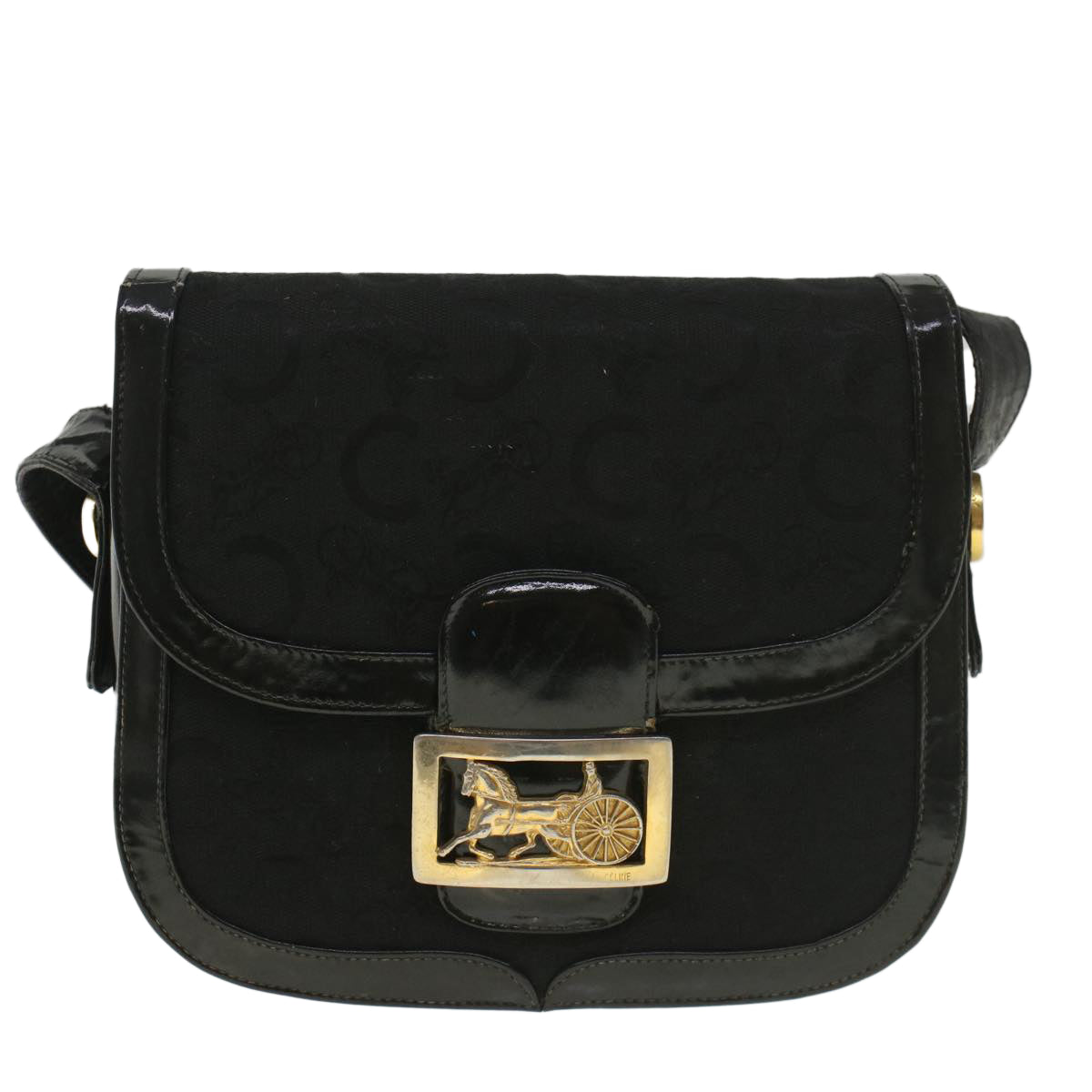 CELINE C Macadam Canvas Horse Carriage Shoulder Bag Black Auth bs8998