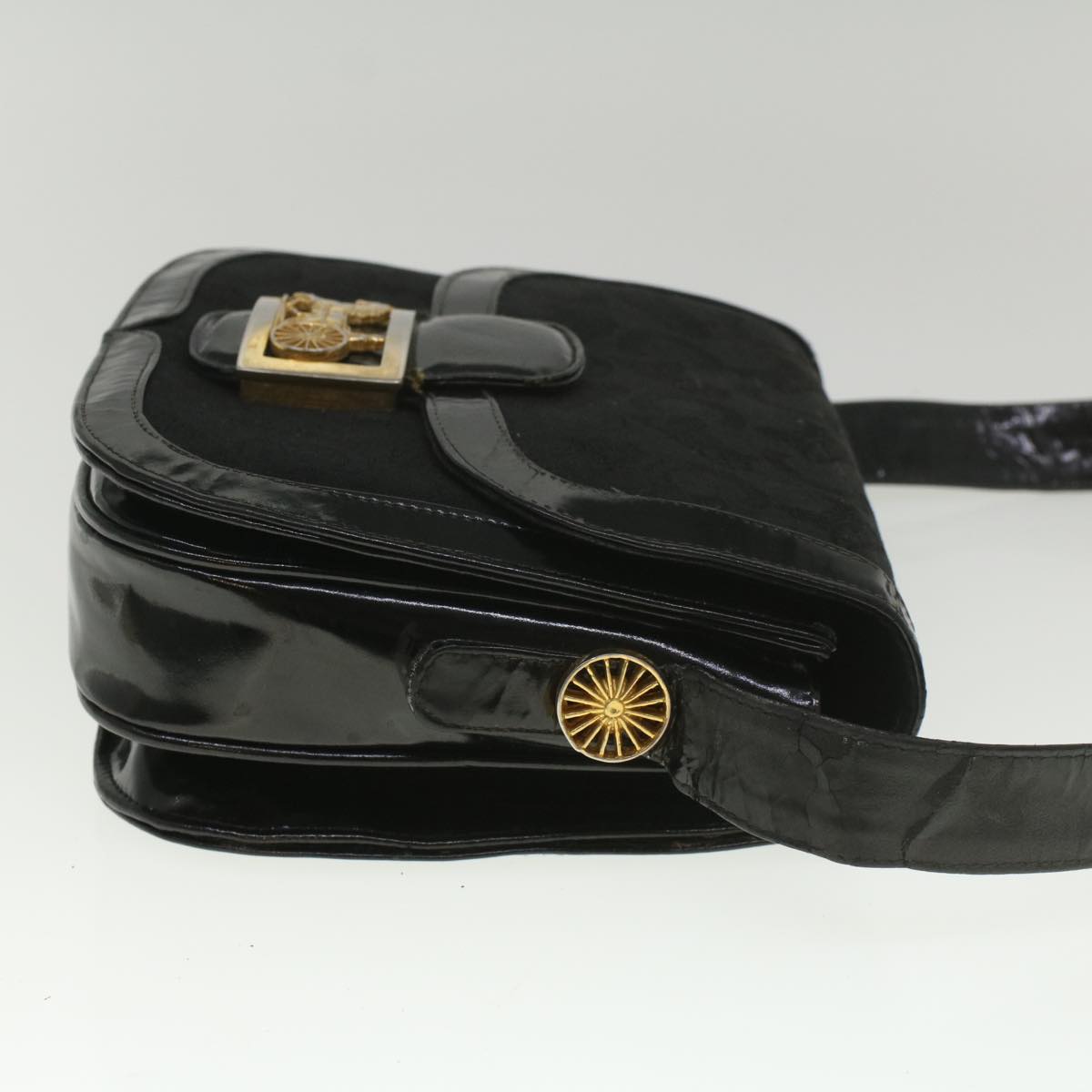 CELINE C Macadam Canvas Horse Carriage Shoulder Bag Black Auth bs8998