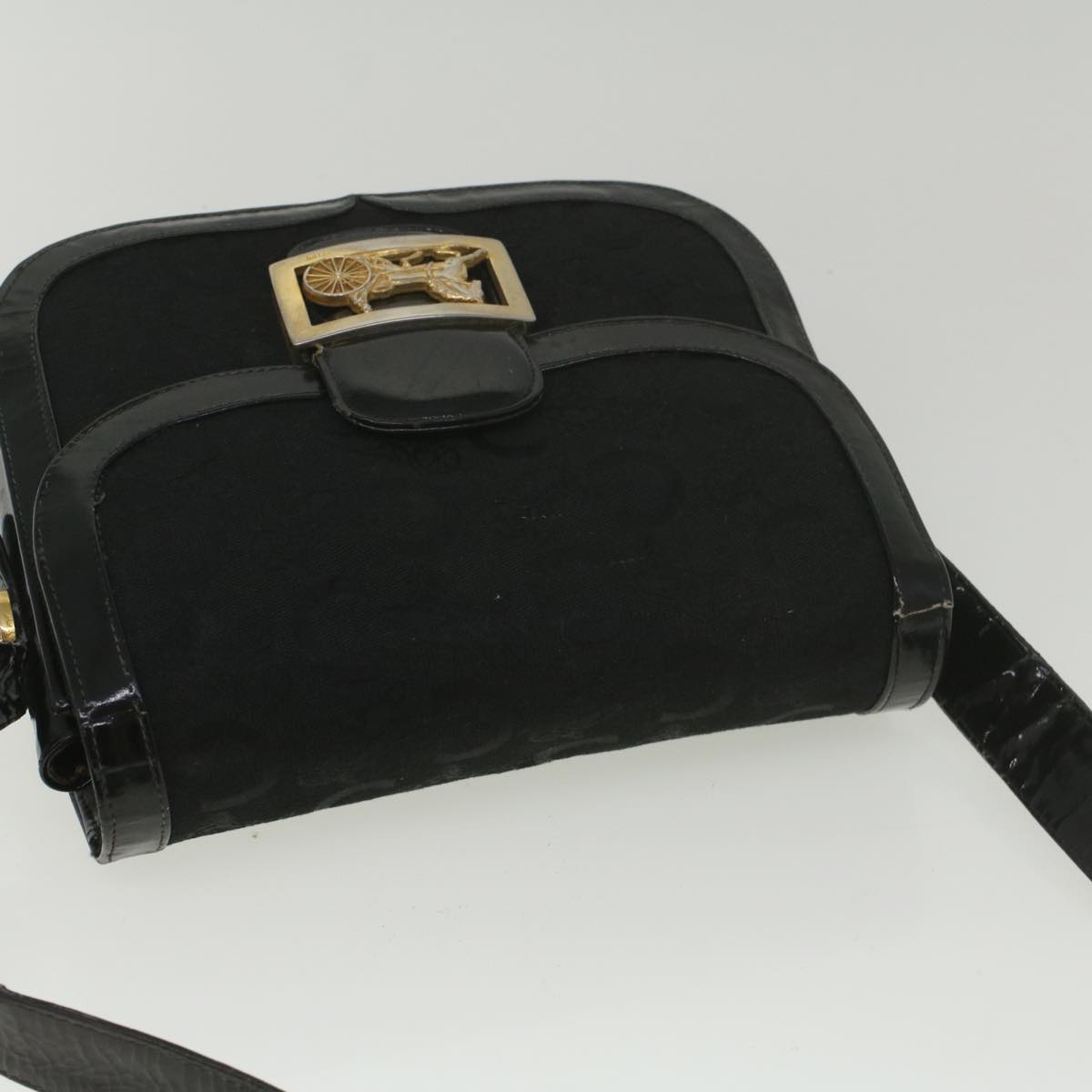 CELINE C Macadam Canvas Horse Carriage Shoulder Bag Black Auth bs8998