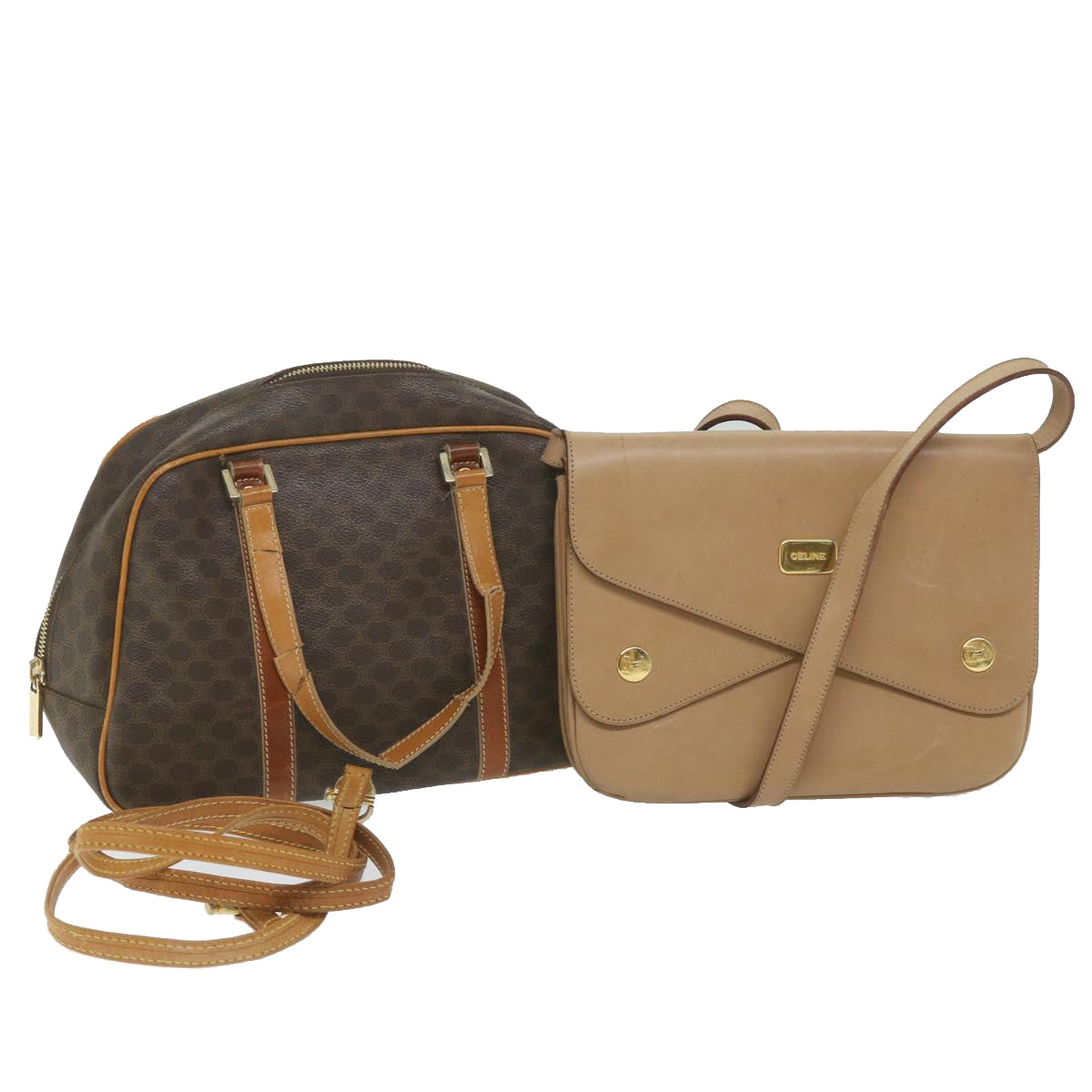 CELINE Macadam Canvas Shoulder Bag PVC Leather 2Set Beige Brown Auth bs9101