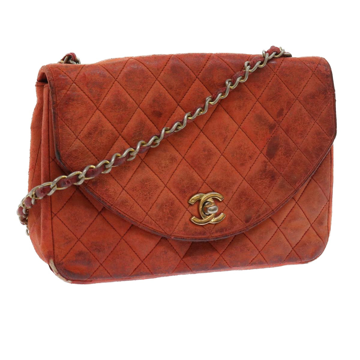 CHANEL Matelasse Chain Shoulder Bag Lamb Skin Orange CC Auth bs9166