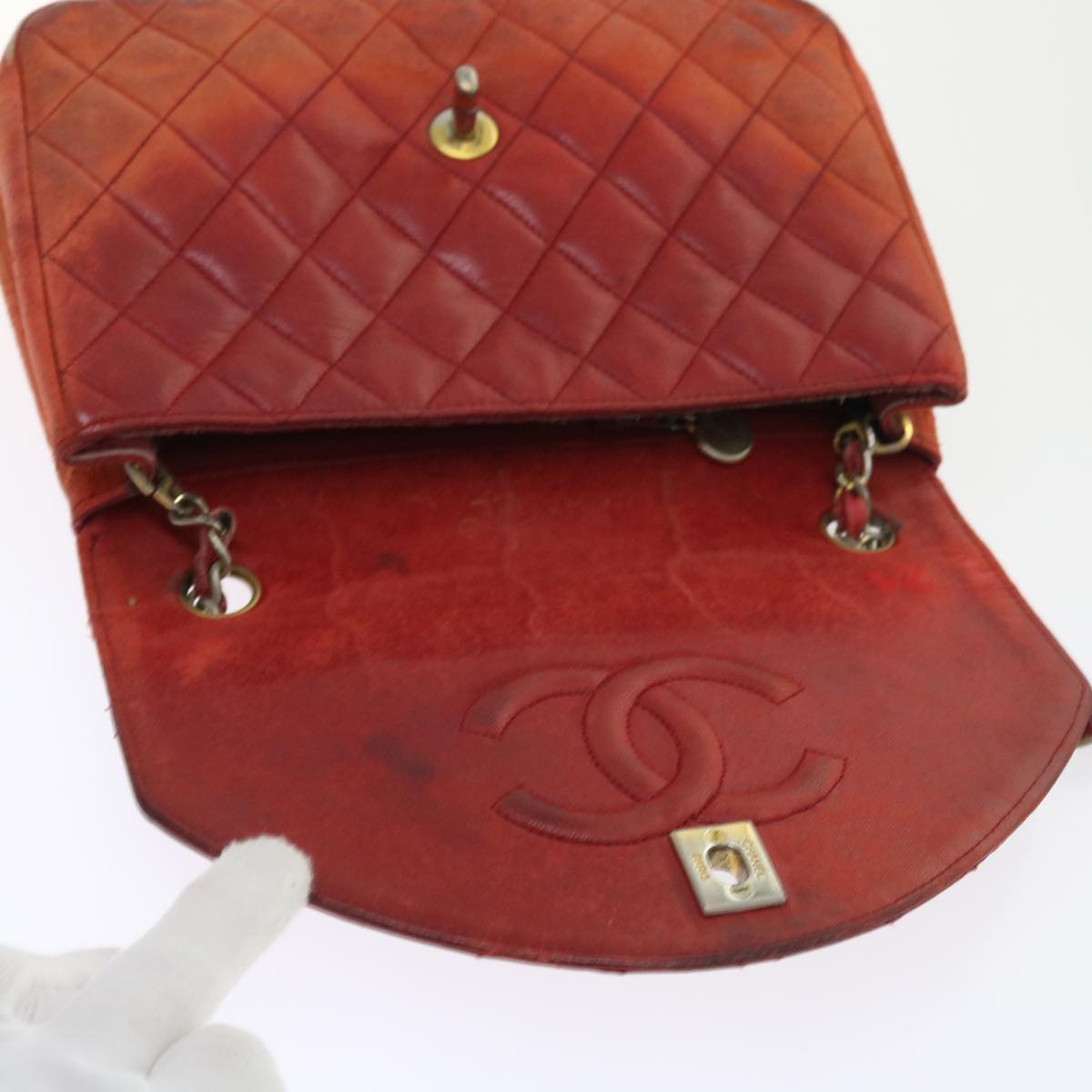 CHANEL Matelasse Chain Shoulder Bag Lamb Skin Orange CC Auth bs9166