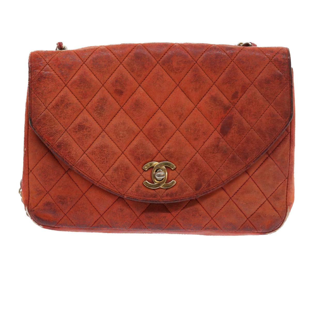 CHANEL Matelasse Chain Shoulder Bag Lamb Skin Orange CC Auth bs9166