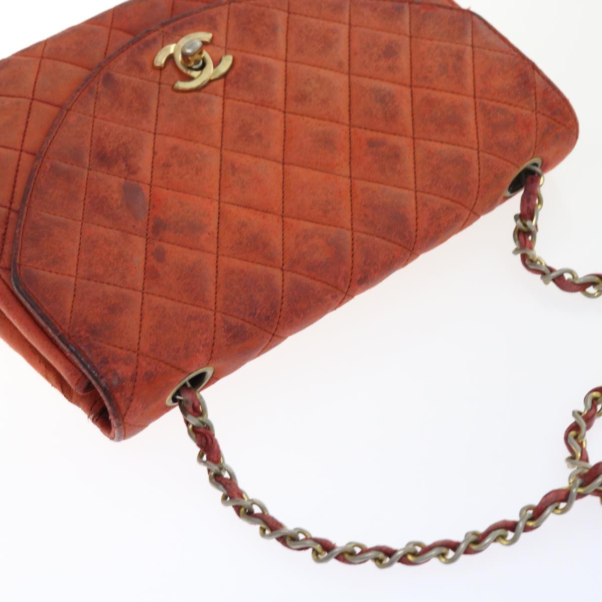 CHANEL Matelasse Chain Shoulder Bag Lamb Skin Orange CC Auth bs9166