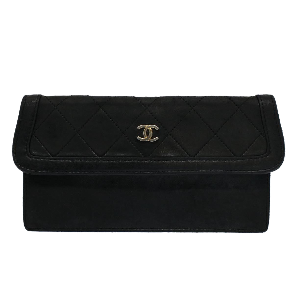 CHANEL Matelasse Pouch Leather Black CC Auth bs9175
