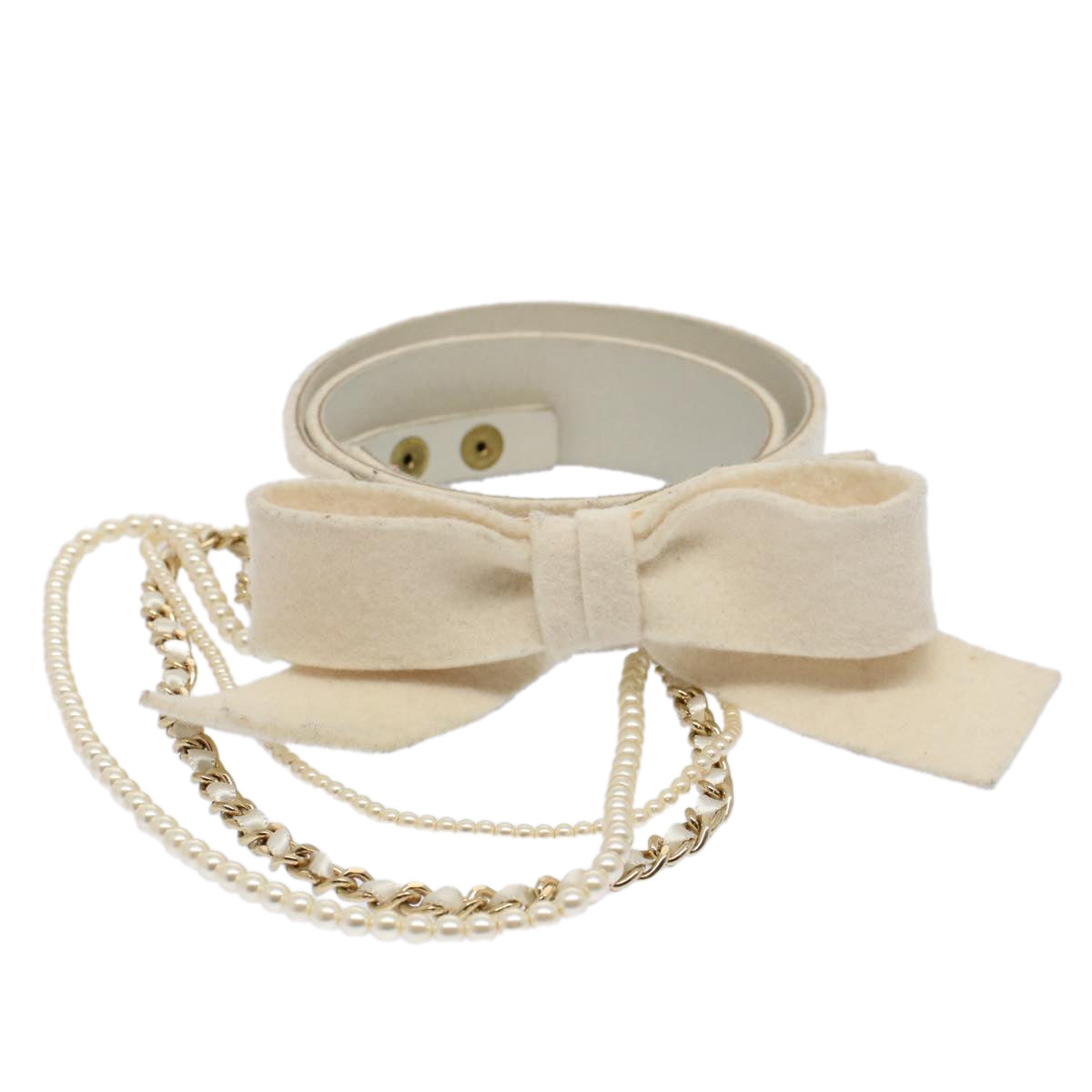 CHANEL Pearl Belt Wool 80/32 37.4"" White CC Auth bs9177