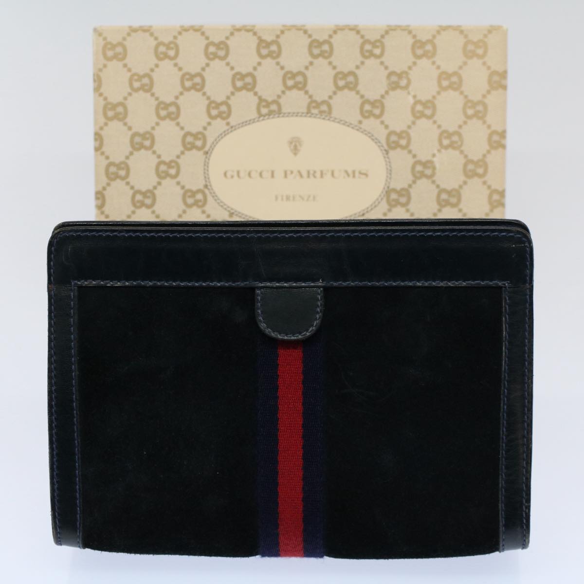 GUCCI Sherry Line Clutch Bag Suede Black Red Navy 37 014 2126 Auth bs9200