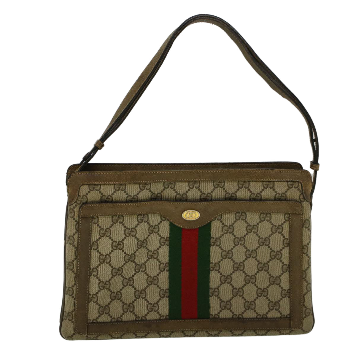 GUCCI GG Canvas Web Sherry Line Shoulder Bag PVC Leather Beige Green Auth bs9253