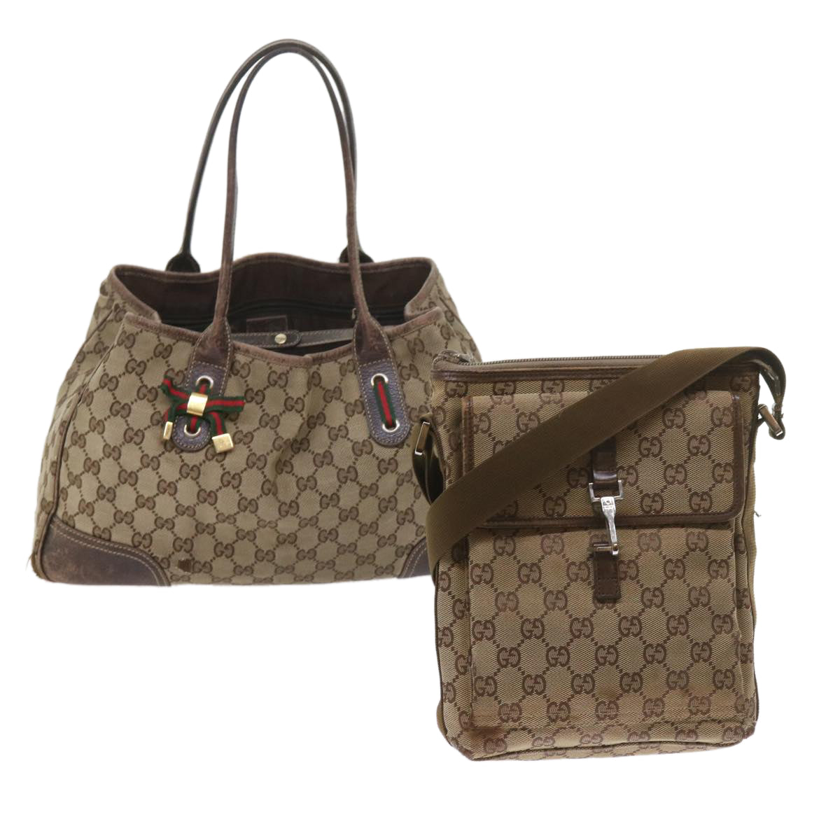 GUCCI GG Canvas Web Sherry Line Shoulder Bag 2Set Beige Green Red Auth bs9278