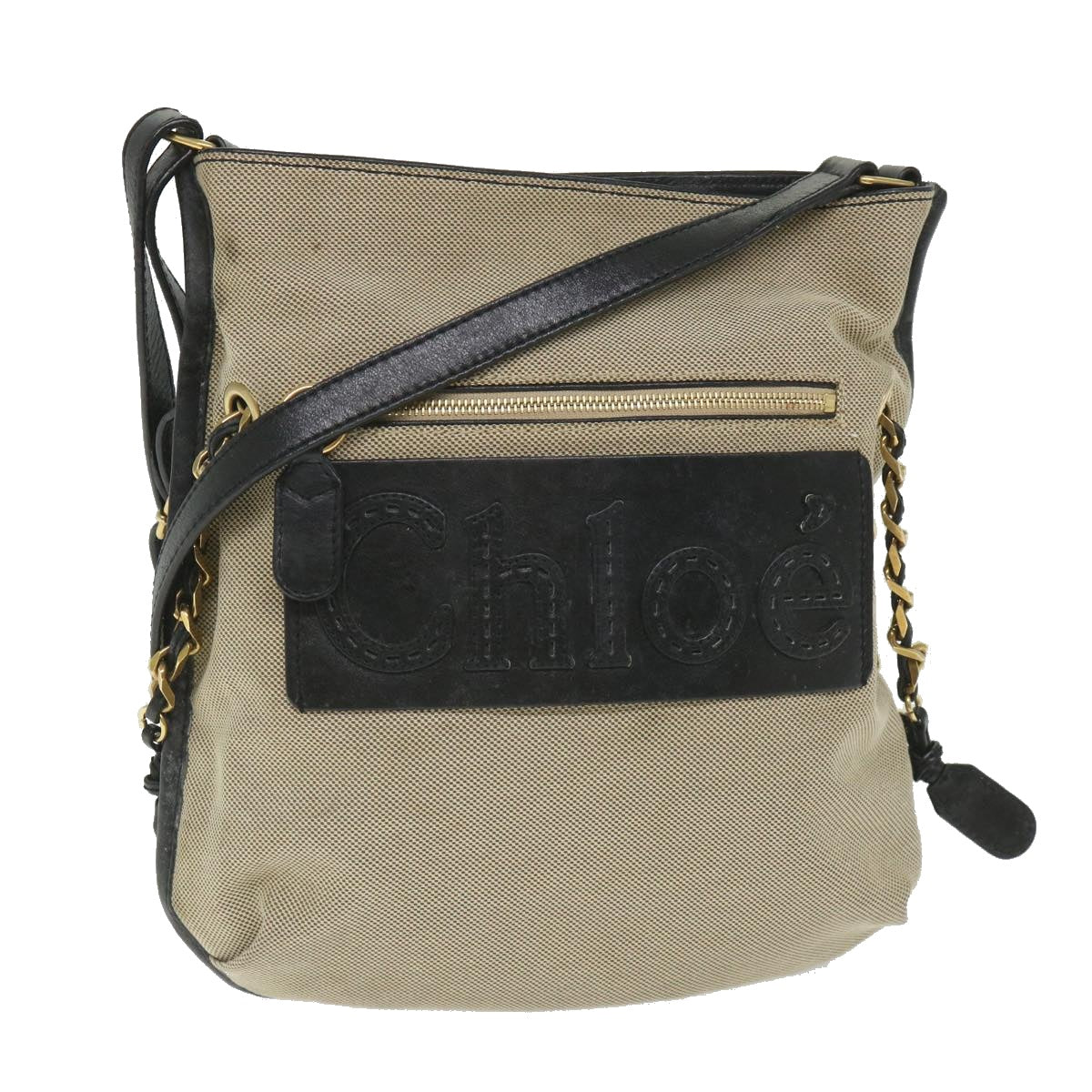 Chloe Harley Shoulder Bag Canvas Leather Beige Black Auth bs9282