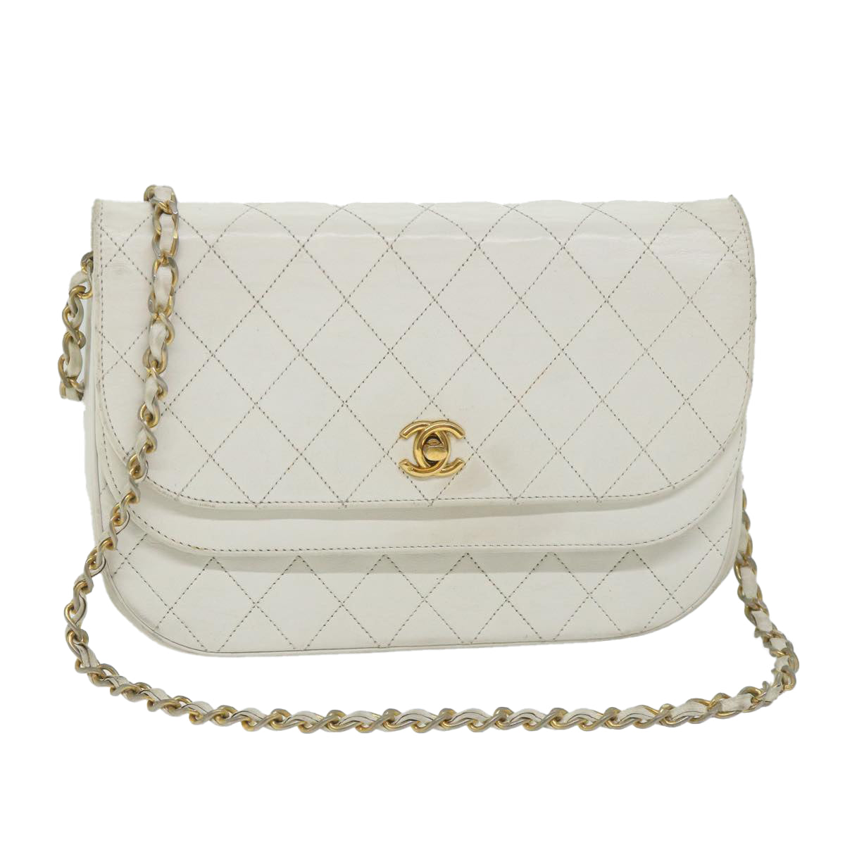 CHANEL Matelasse Chain Shoulder Bag Lamb Skin White CC Auth bs9328