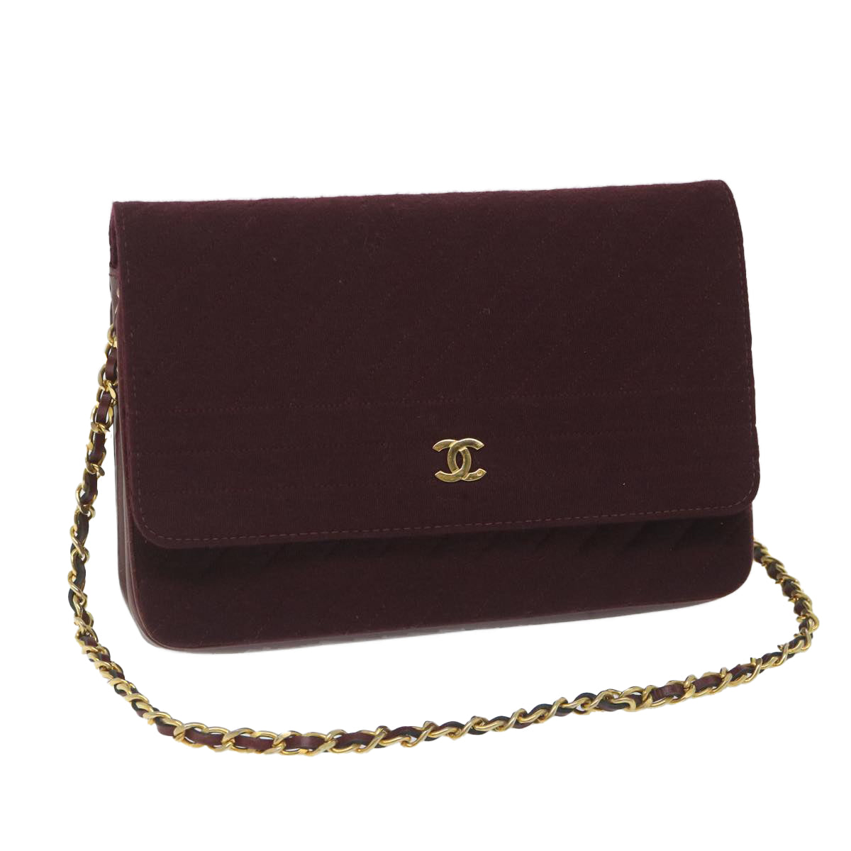 CHANEL Bias Stitch Chain Shoulder Bag Wool Wine Red CC Auth bs9332