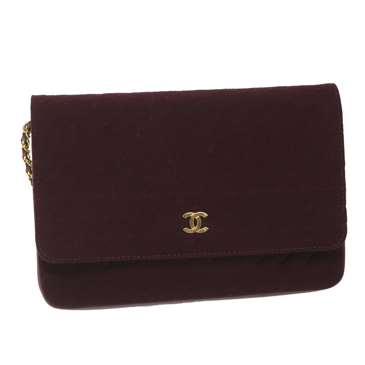 CHANEL Bias Stitch Chain Shoulder Bag Wool Wine Red CC Auth bs9332