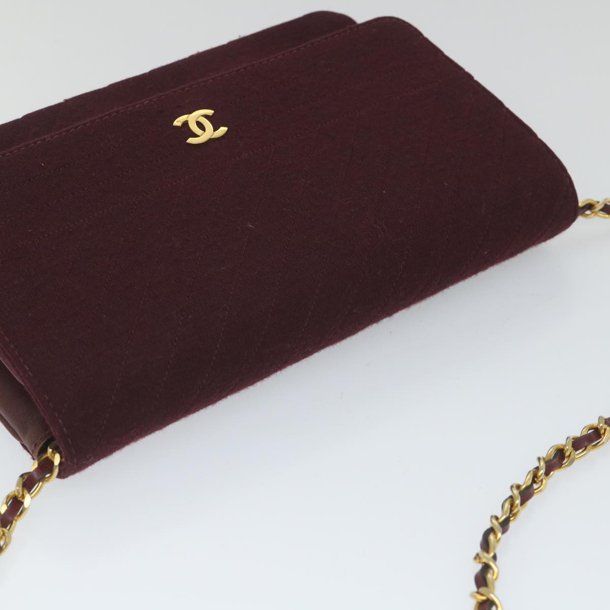 CHANEL Bias Stitch Chain Shoulder Bag Wool Wine Red CC Auth bs9332