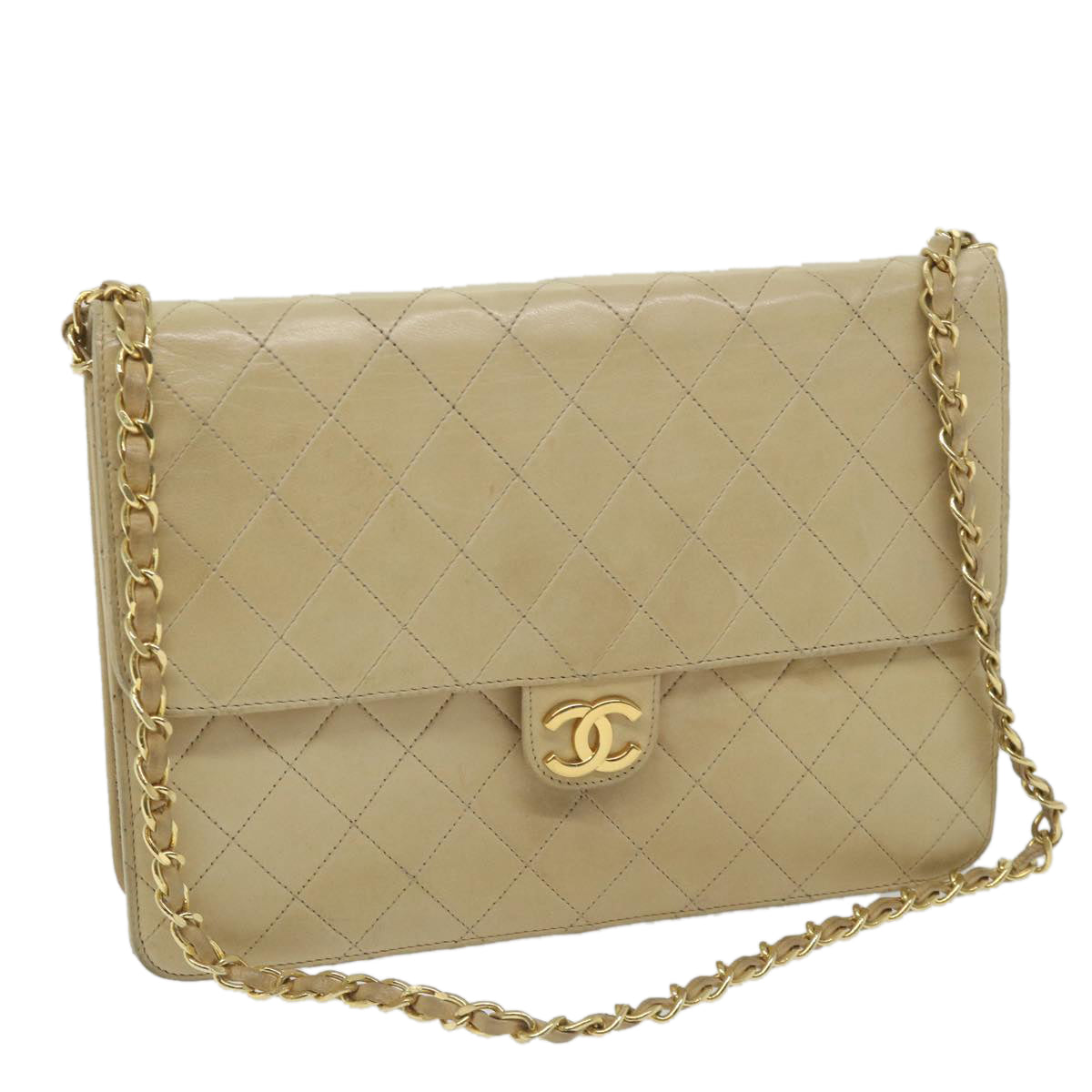 CHANEL Matelasse Chain Shoulder Bag Lamb Skin Beige CC Auth bs9334