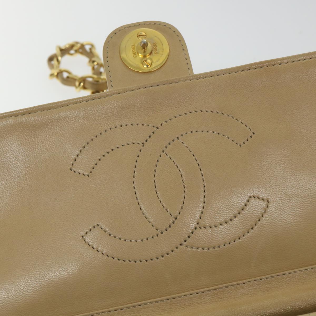 CHANEL Matelasse Chain Shoulder Bag Lamb Skin Beige CC Auth bs9334