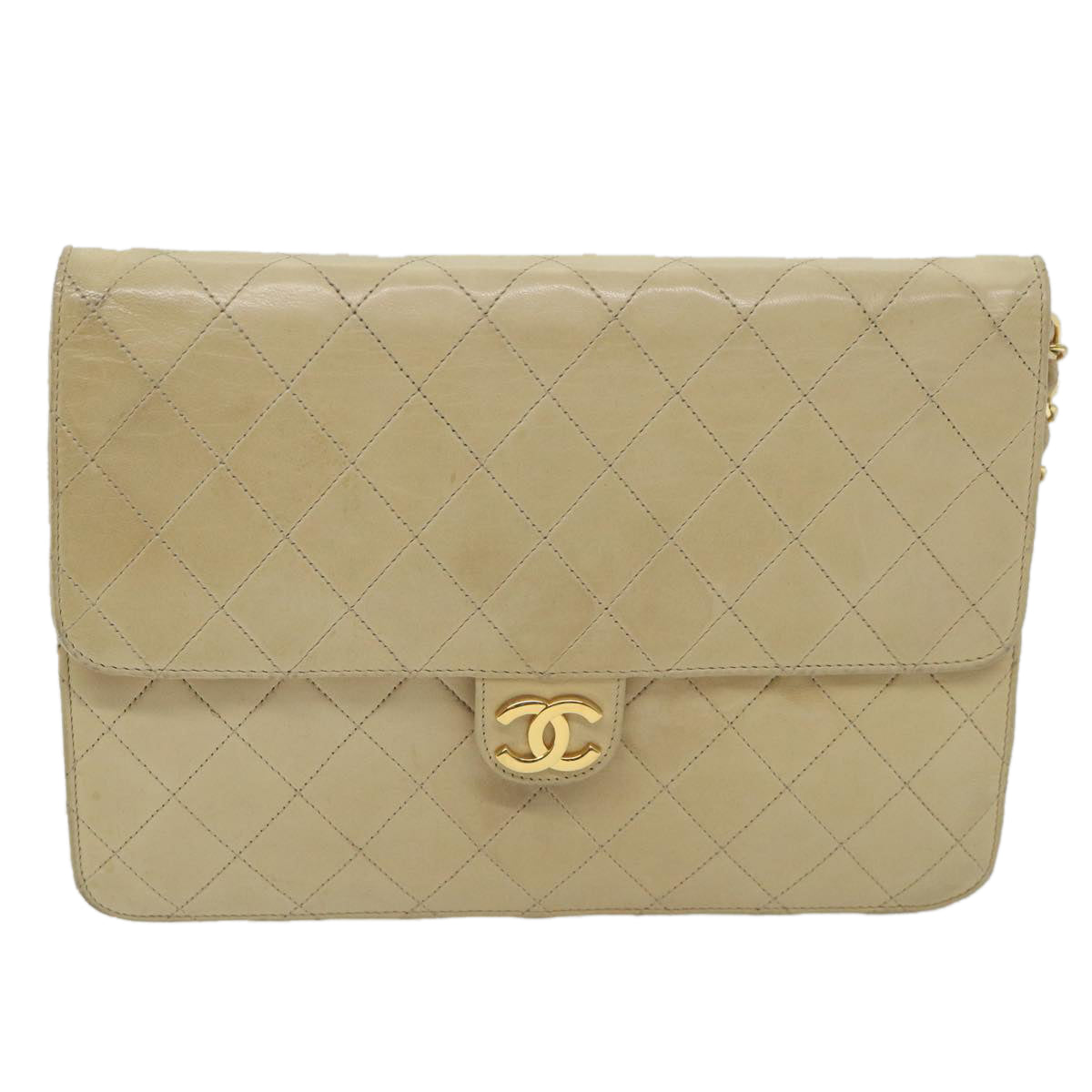 CHANEL Matelasse Chain Shoulder Bag Lamb Skin Beige CC Auth bs9334